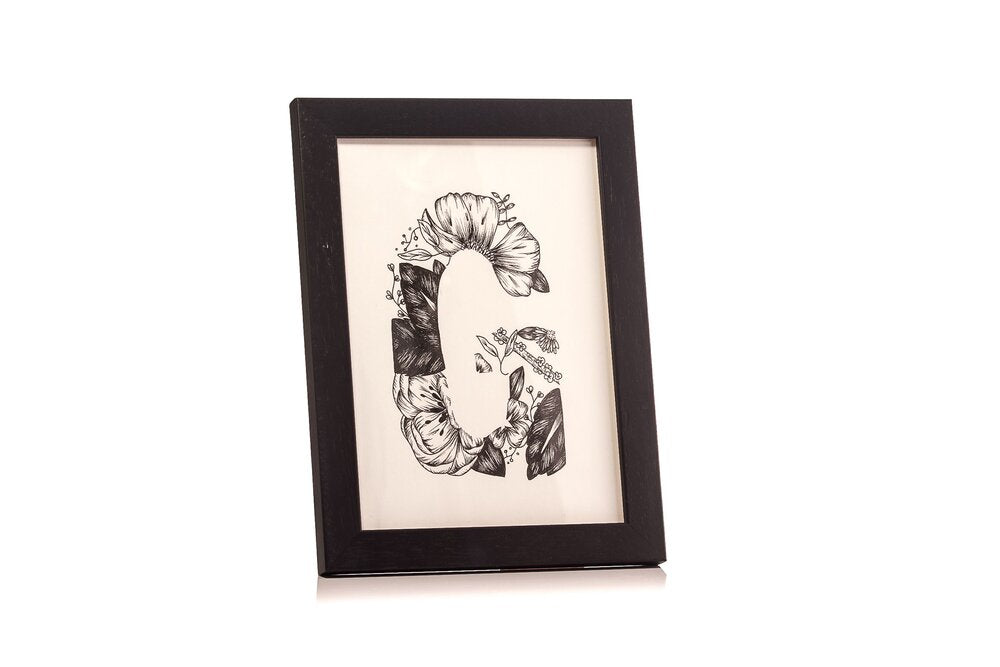 black and white illustration letter g floral