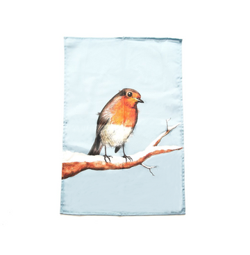 festive robin blue tea towel