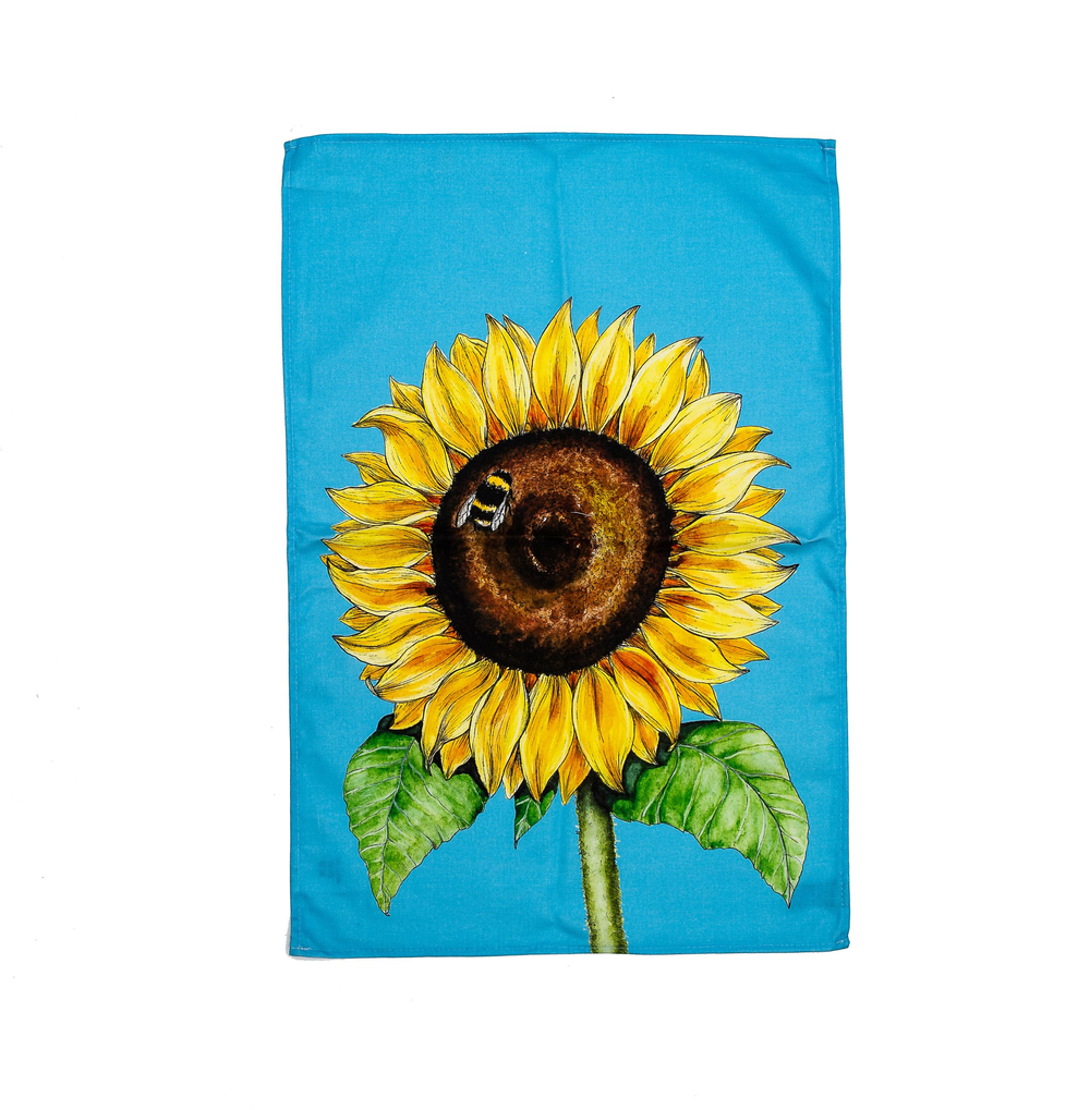 blue sunflower and bee tea towel