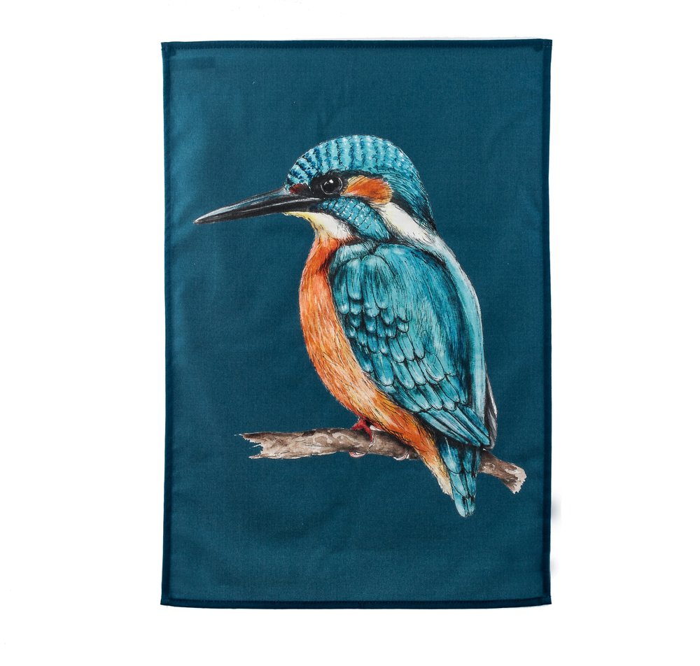 kingfisher tea towel blue