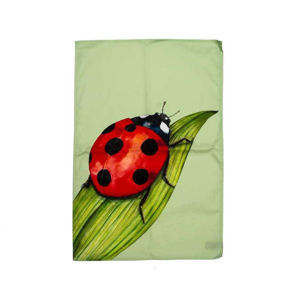 green ladybird tea towel