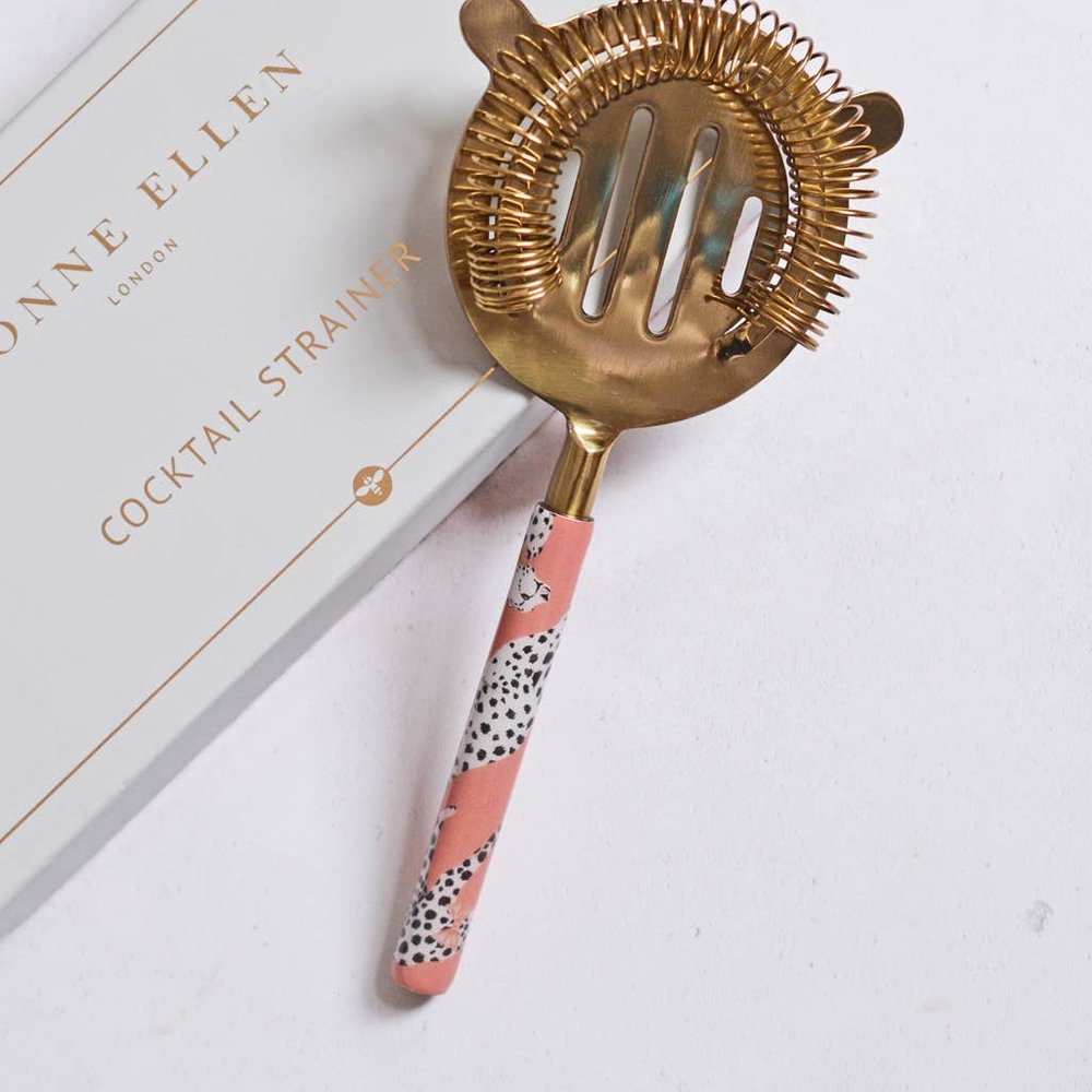 pink and brass cheetah cocktail strainer