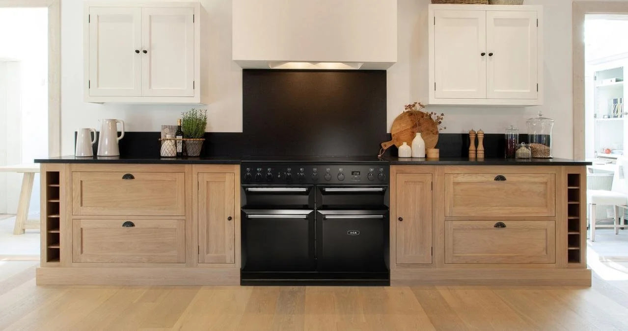 aga conventional black range cooker in wooden kitchen