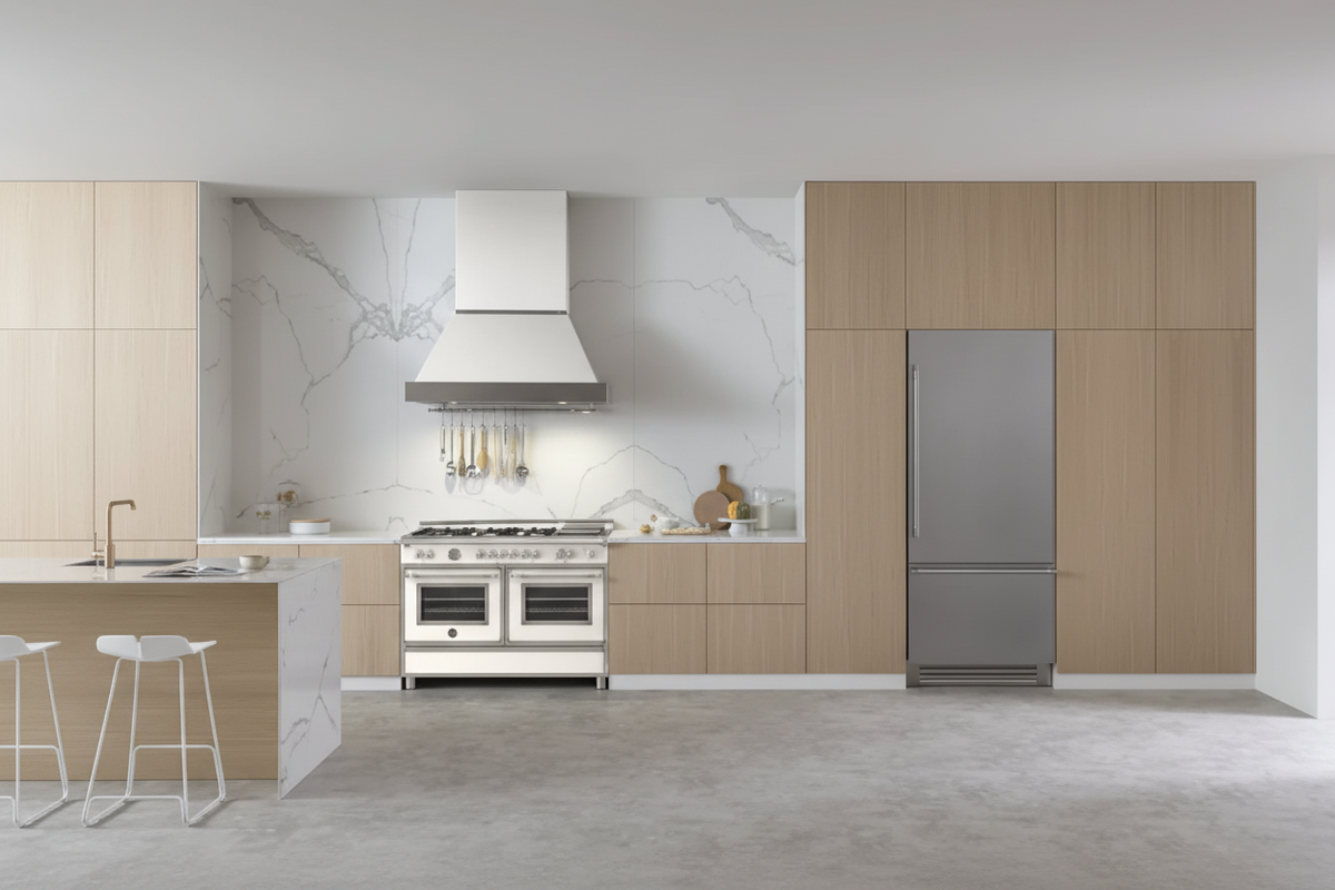 bertazzoni kitchen with white range cooker and fridge