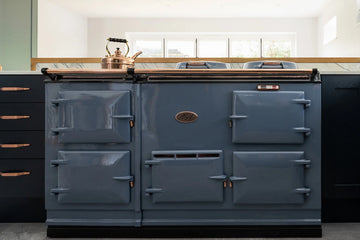 blue electrickit aga with copper finishes