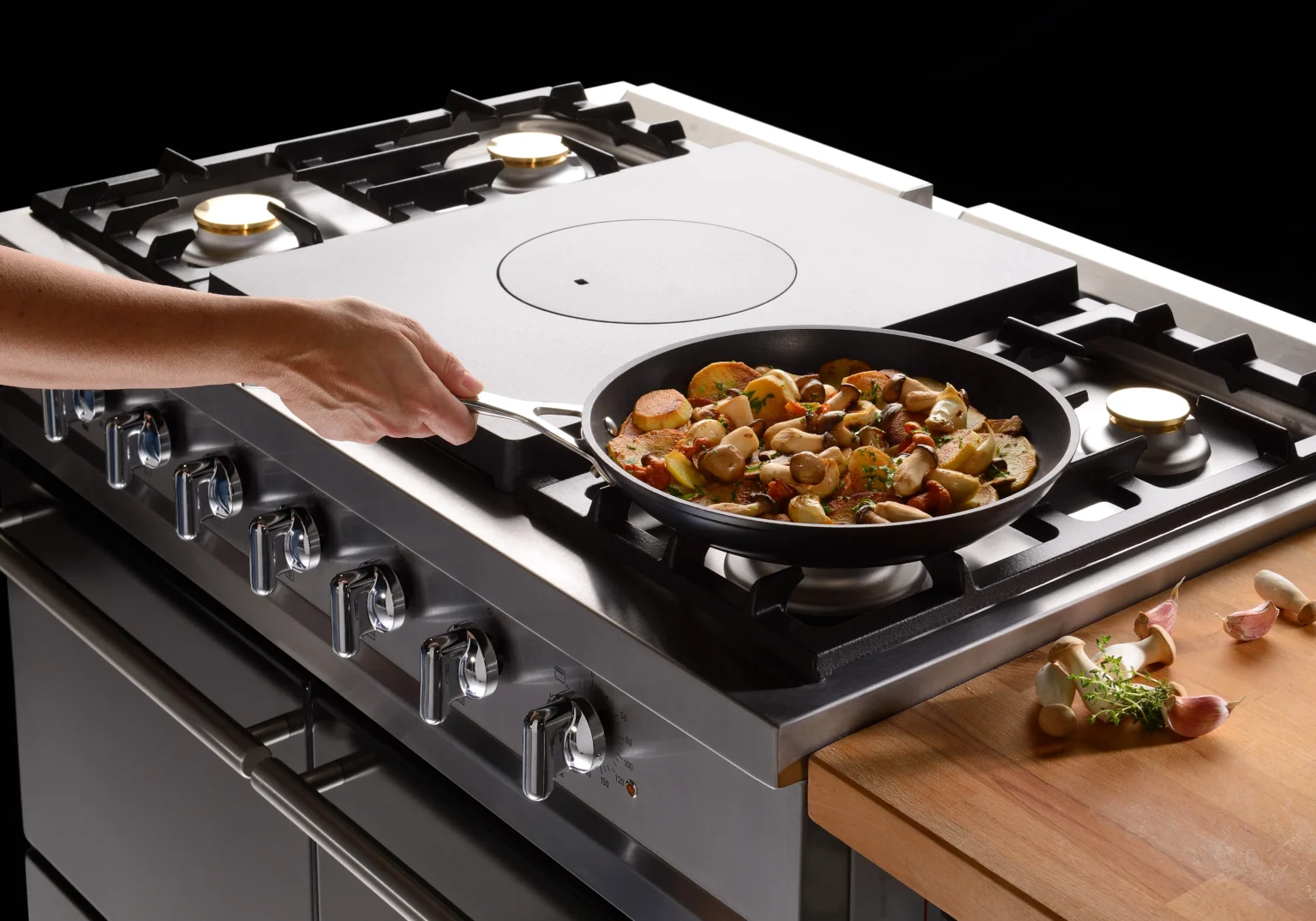 frying pan on lacanche range cooker gas and induction hob