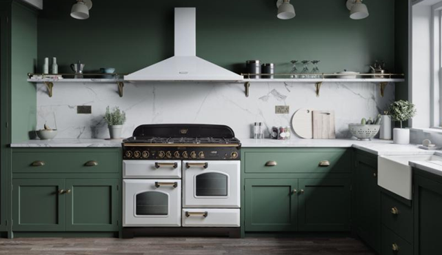 rangemaster classic white range cooker  in green kitchen