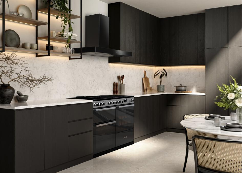 rangemaster edge black glass range cooker in dark contemporary kitchen