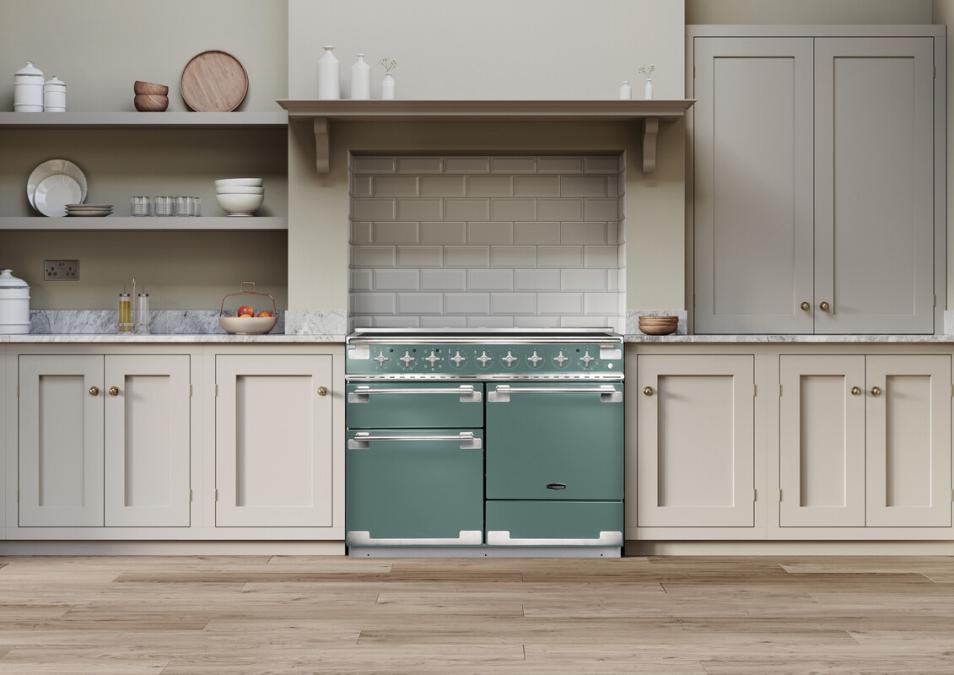 rangemaster elise mineral green cooker in cream kitchen