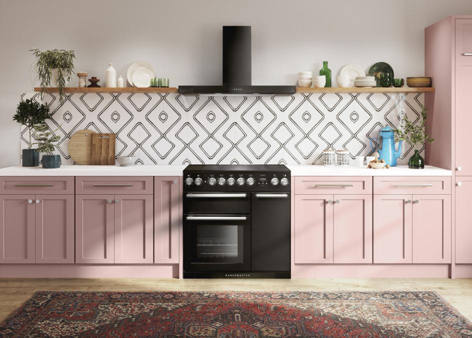 rangemaster nexus black cooker in pink kitchen