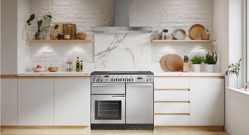 rangemaster professional stainess steel contemporary cooker in white kitchen