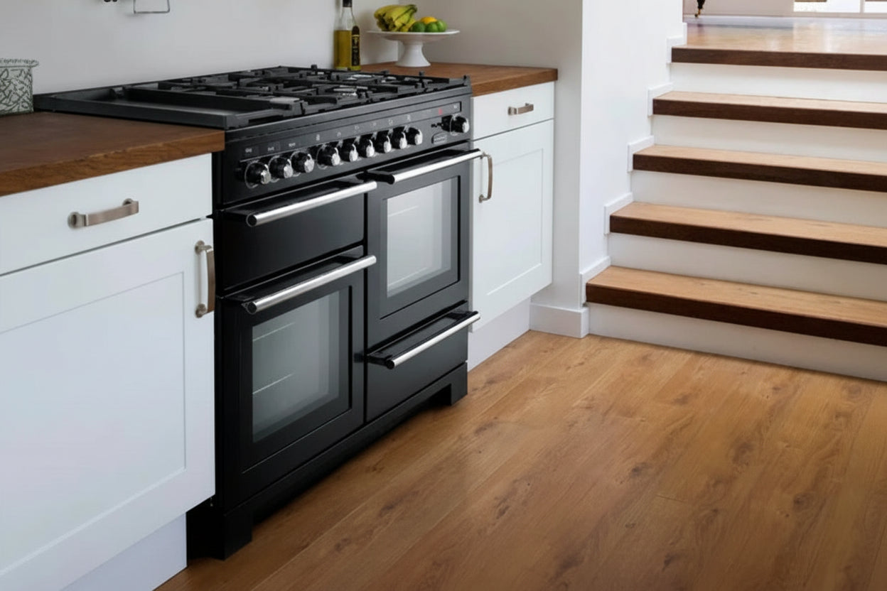 rangemaster encore deluxe black cooker in white kitchen